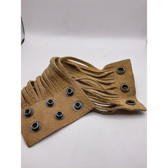 Tan Leather Fringe Cuff Bracelet Adjustable Snap Closures Unisex Bohemian Style - Picture 3 of 4